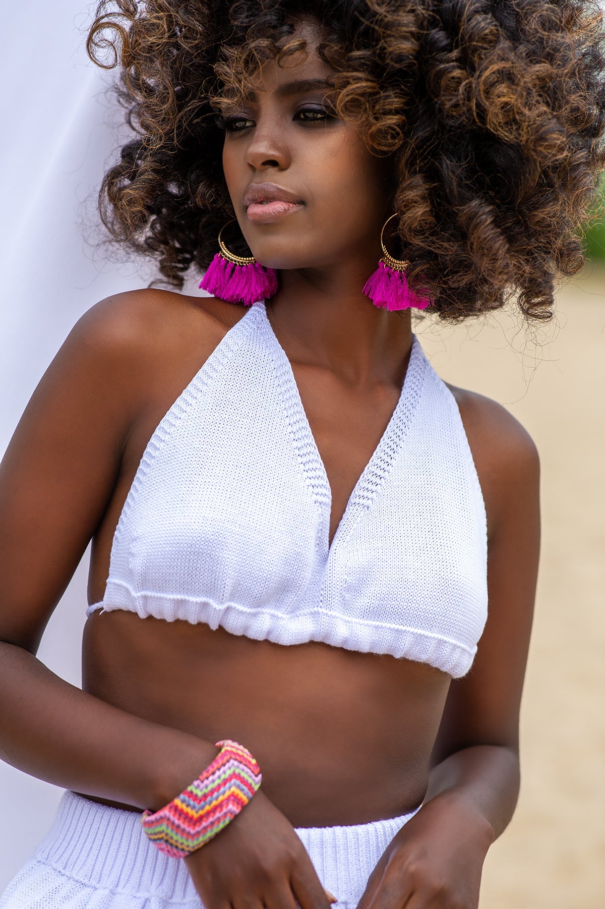 Knitted tied beach top white