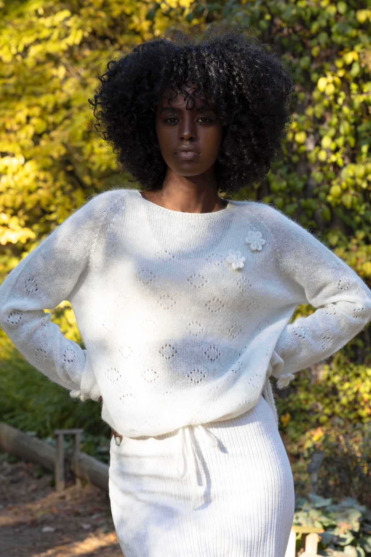 Elegant ecru hand-decorated suri wool sweater