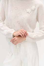 Elegant ecru hand-decorated suri wool sweater