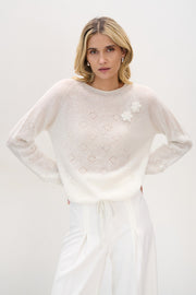 Elegancki sweter z wełny suri ręcznie zdobiony ecru