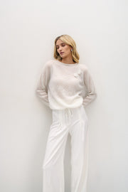 Elegancki sweter z wełny suri ręcznie zdobiony ecru