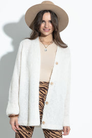 Elegant buttoned ecru alpaca wool cardigan