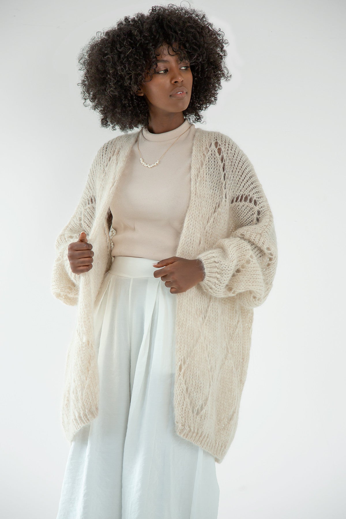 Classic openwork cardigan made of alpaca wool, beige