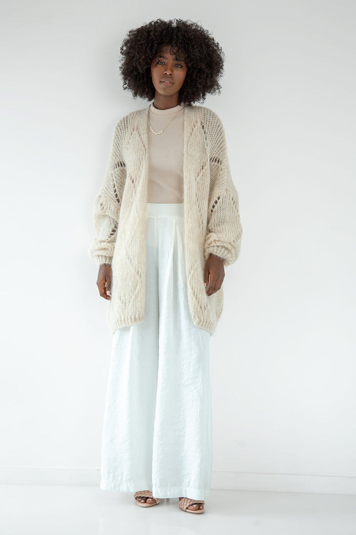 Classic openwork cardigan made of alpaca wool, beige