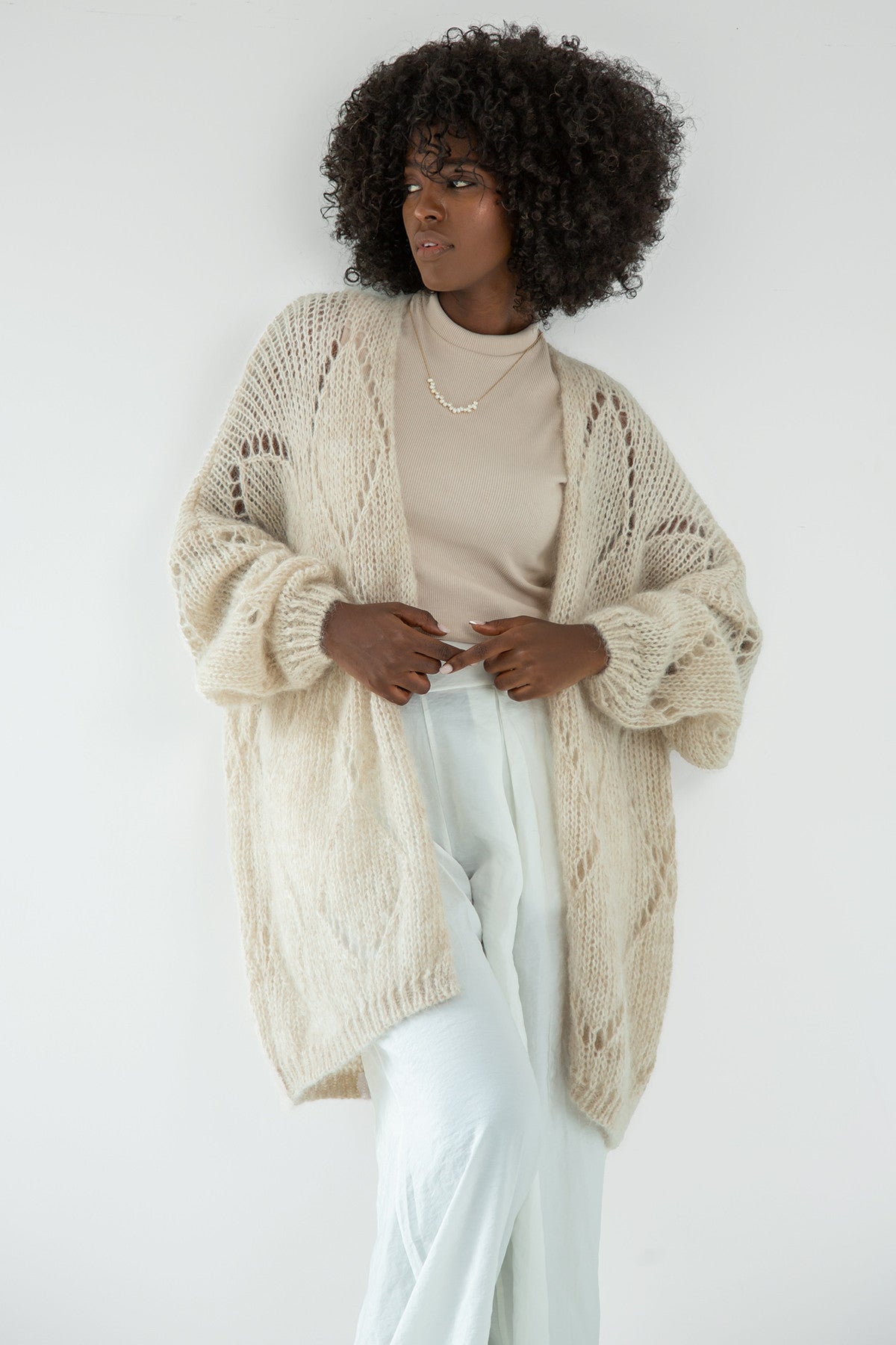 Classic openwork cardigan made of alpaca wool, beige