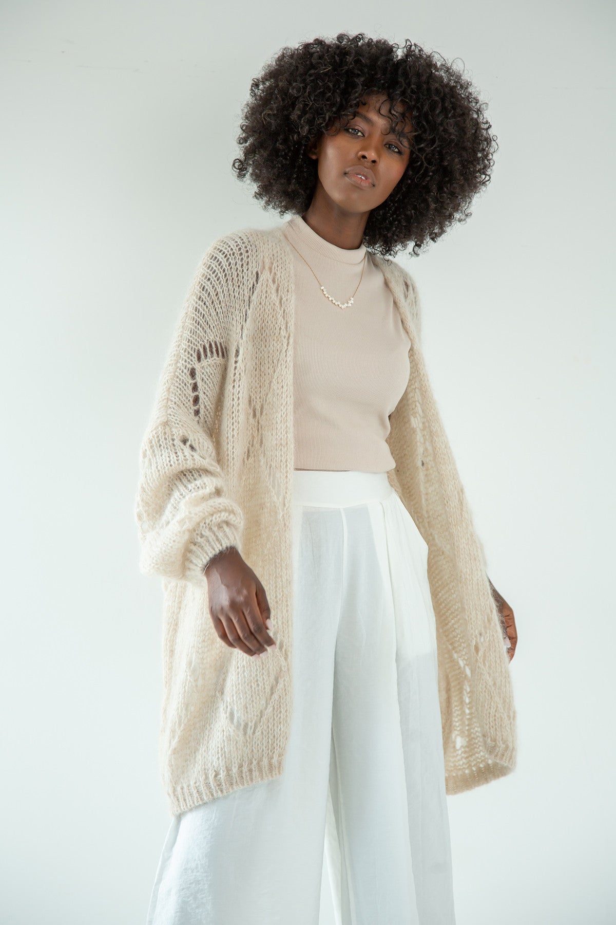 Classic openwork cardigan made of alpaca wool, beige