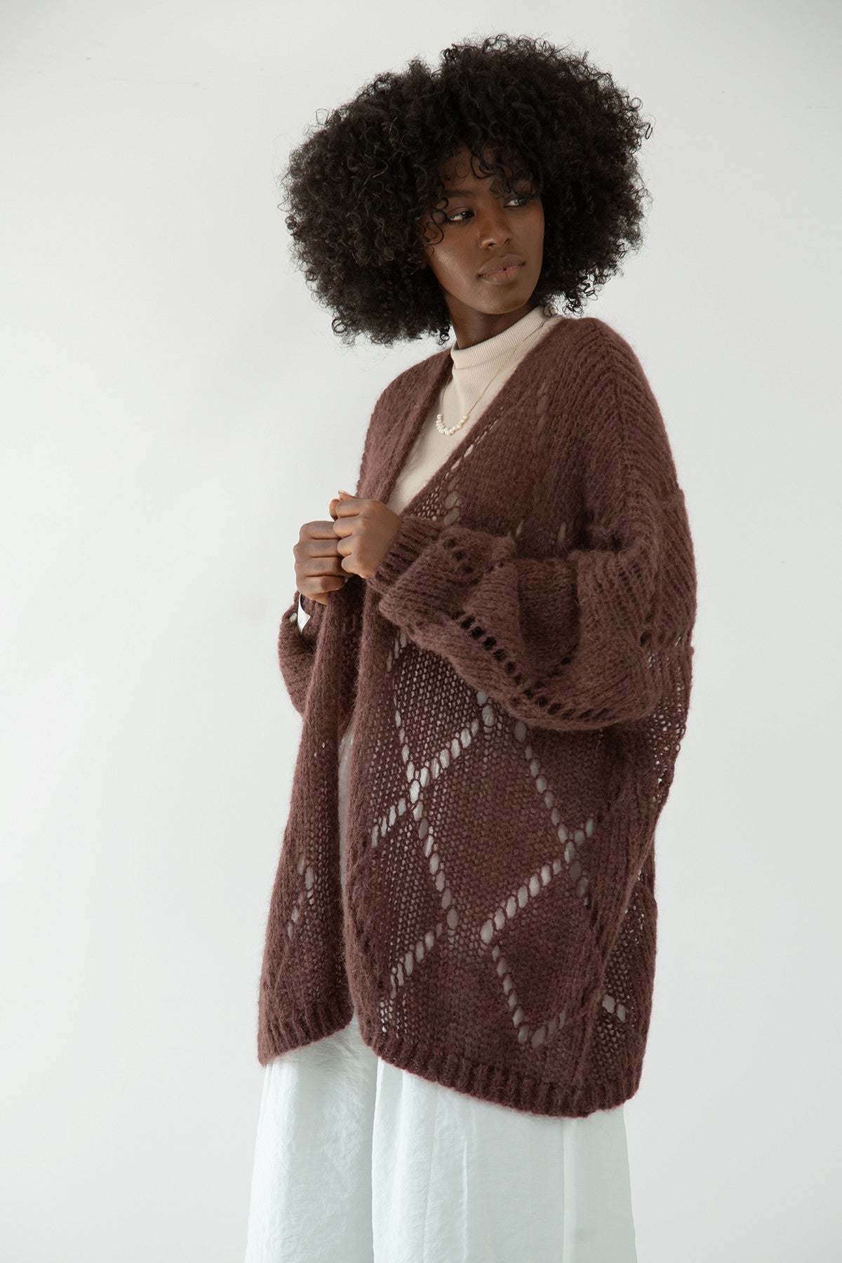 Classic openwork cardigan made of alpaca wool, brown