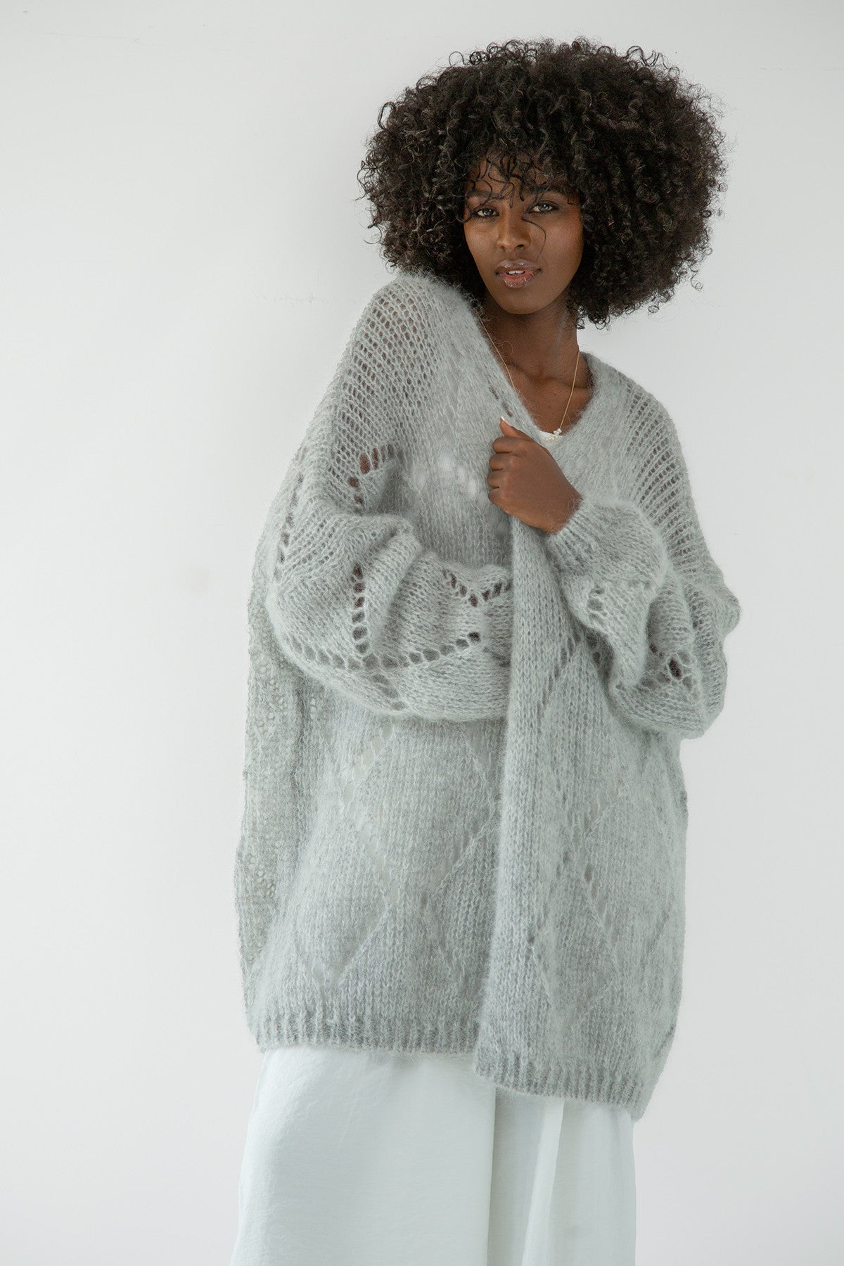 Classic openwork cardigan made of alpaca wool, gray