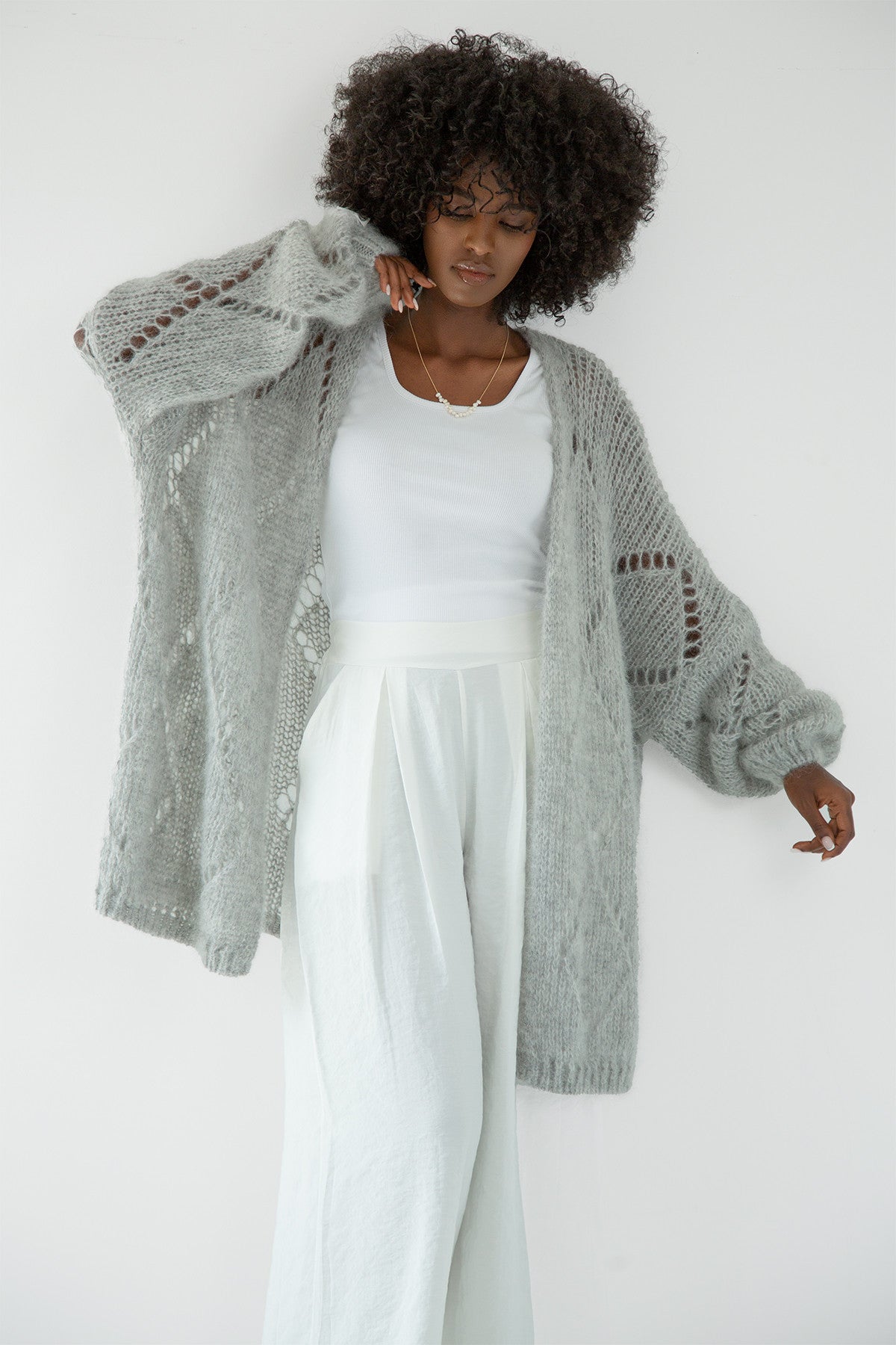 Classic openwork cardigan made of alpaca wool, gray