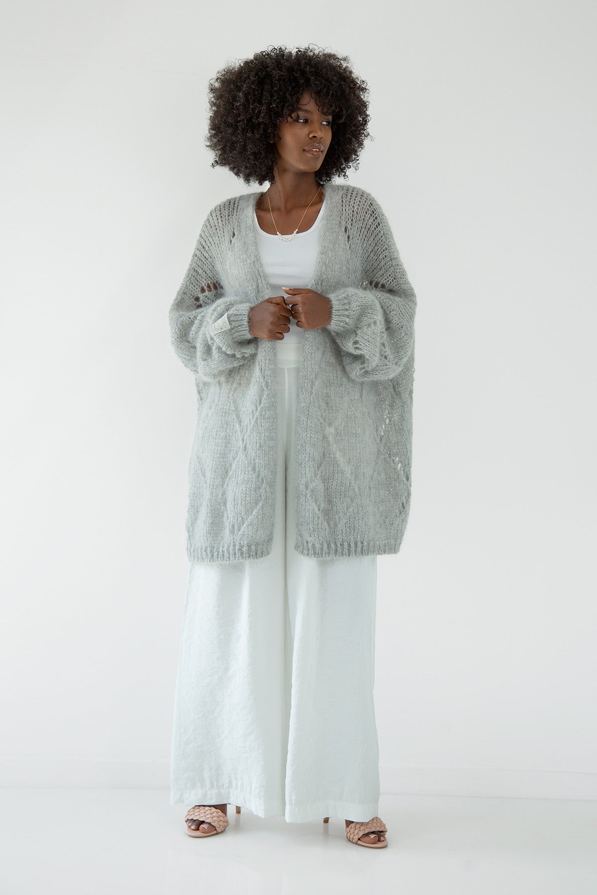 Classic openwork cardigan made of alpaca wool, gray