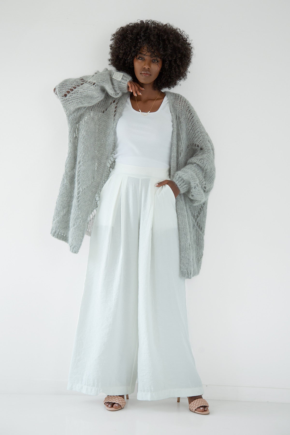 Classic openwork cardigan made of alpaca wool, gray