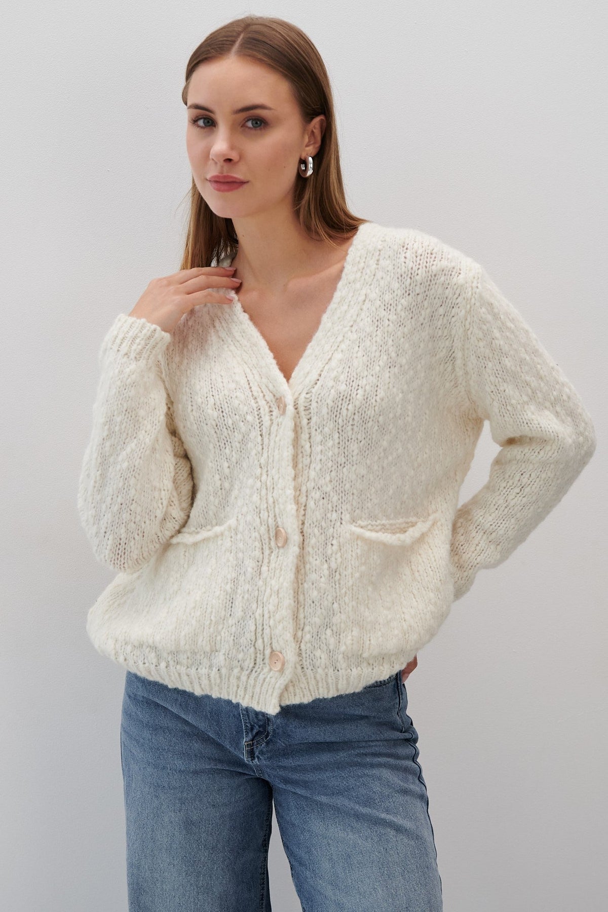 Alpaca and virgin wool ecru cardigan