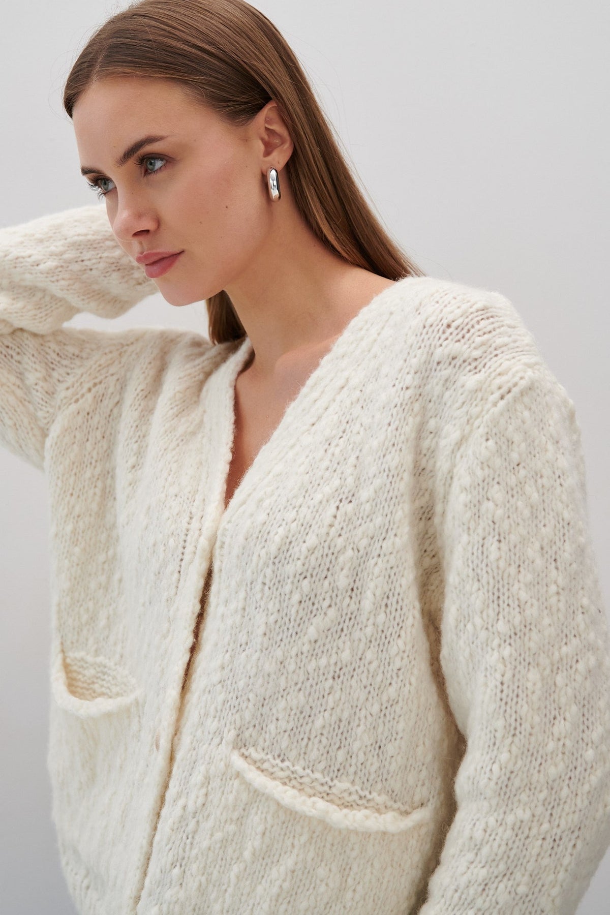 Alpaca and virgin wool ecru cardigan