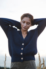 Navy blue buttoned merino wool cardigan