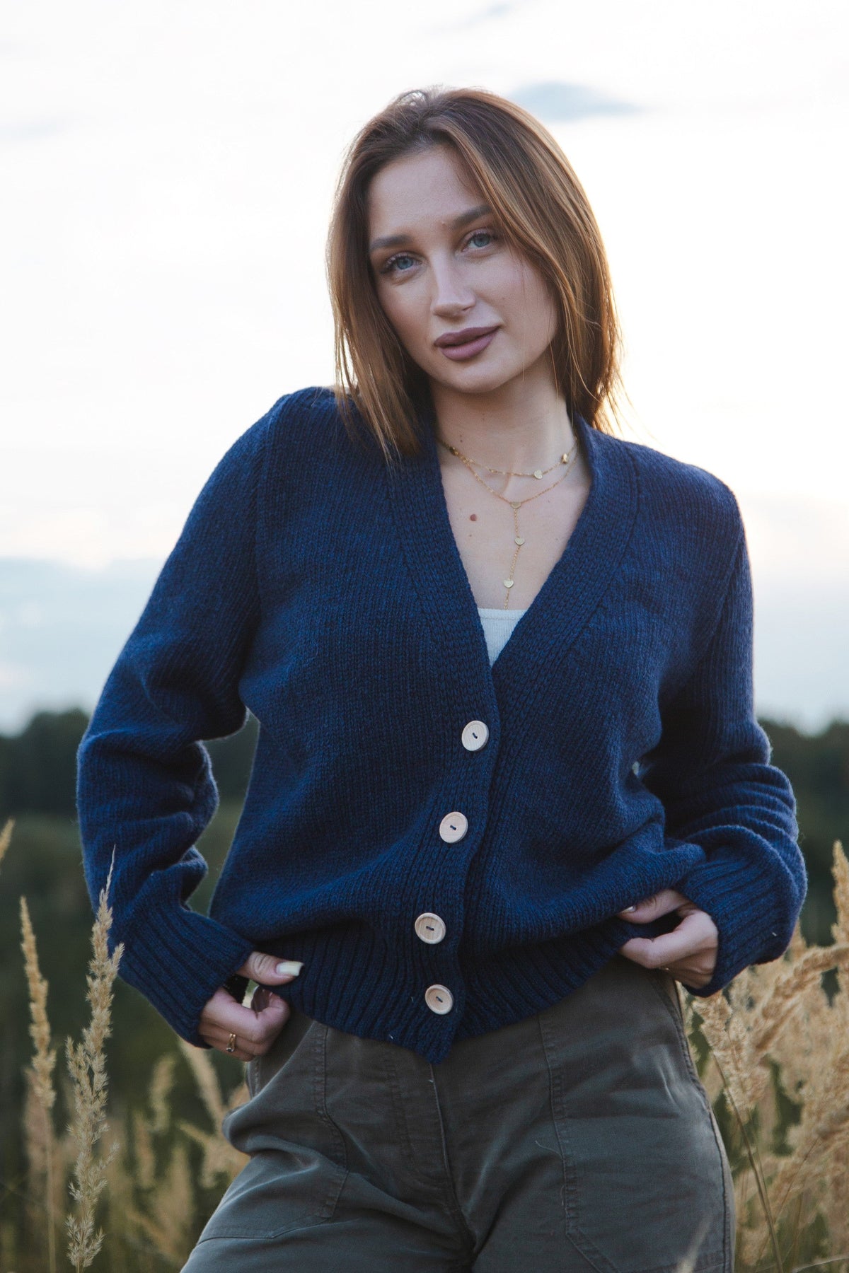 Navy blue buttoned merino wool cardigan