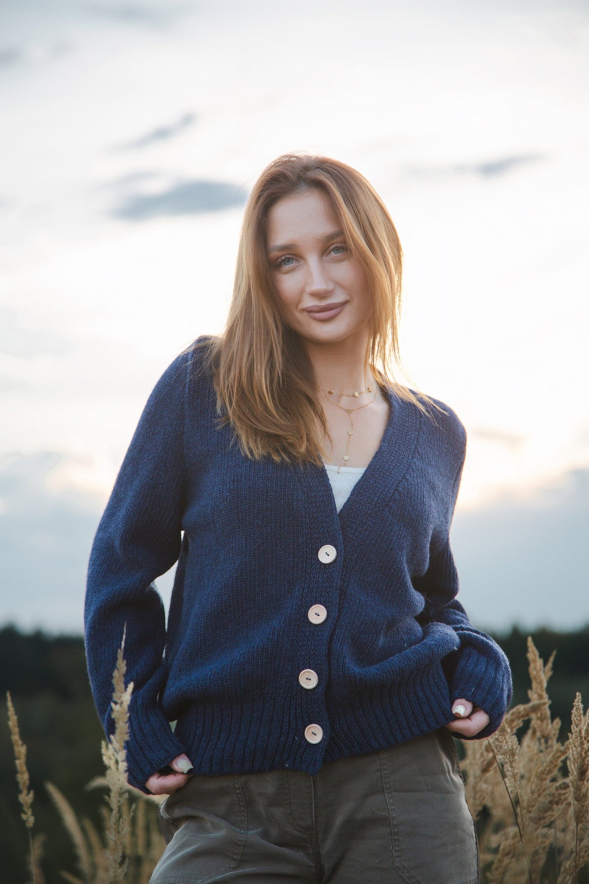 Navy blue buttoned merino wool cardigan