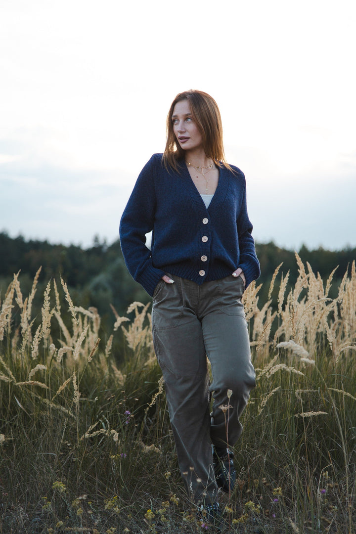 Navy blue buttoned merino wool cardigan