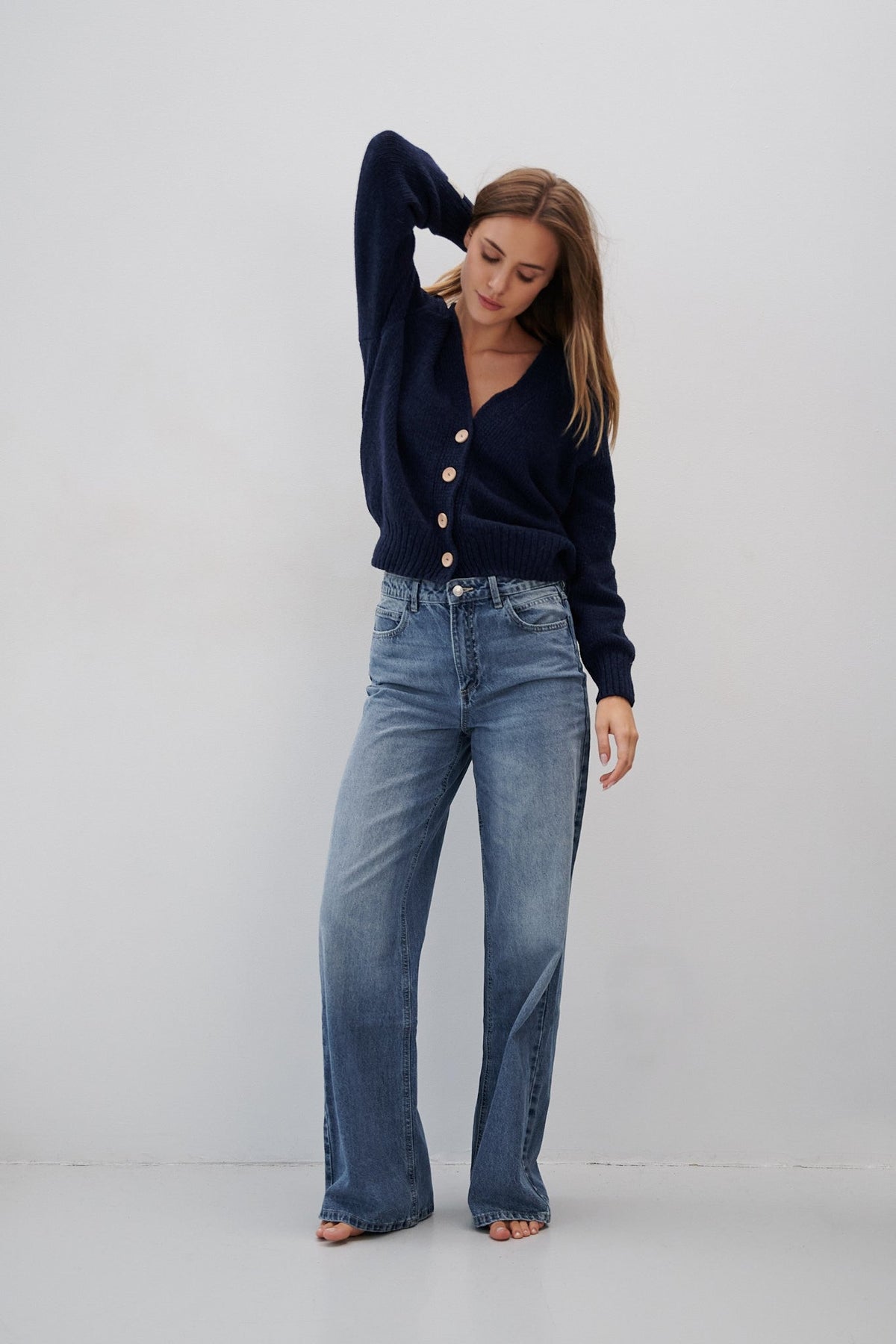 Navy blue buttoned merino wool cardigan