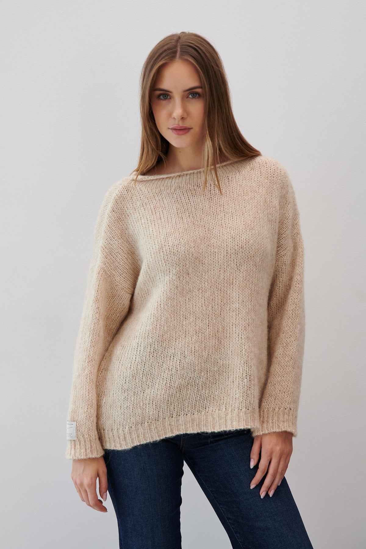 Classic sweater made of undyed alpaca wool and mako cotton soft blend, beige