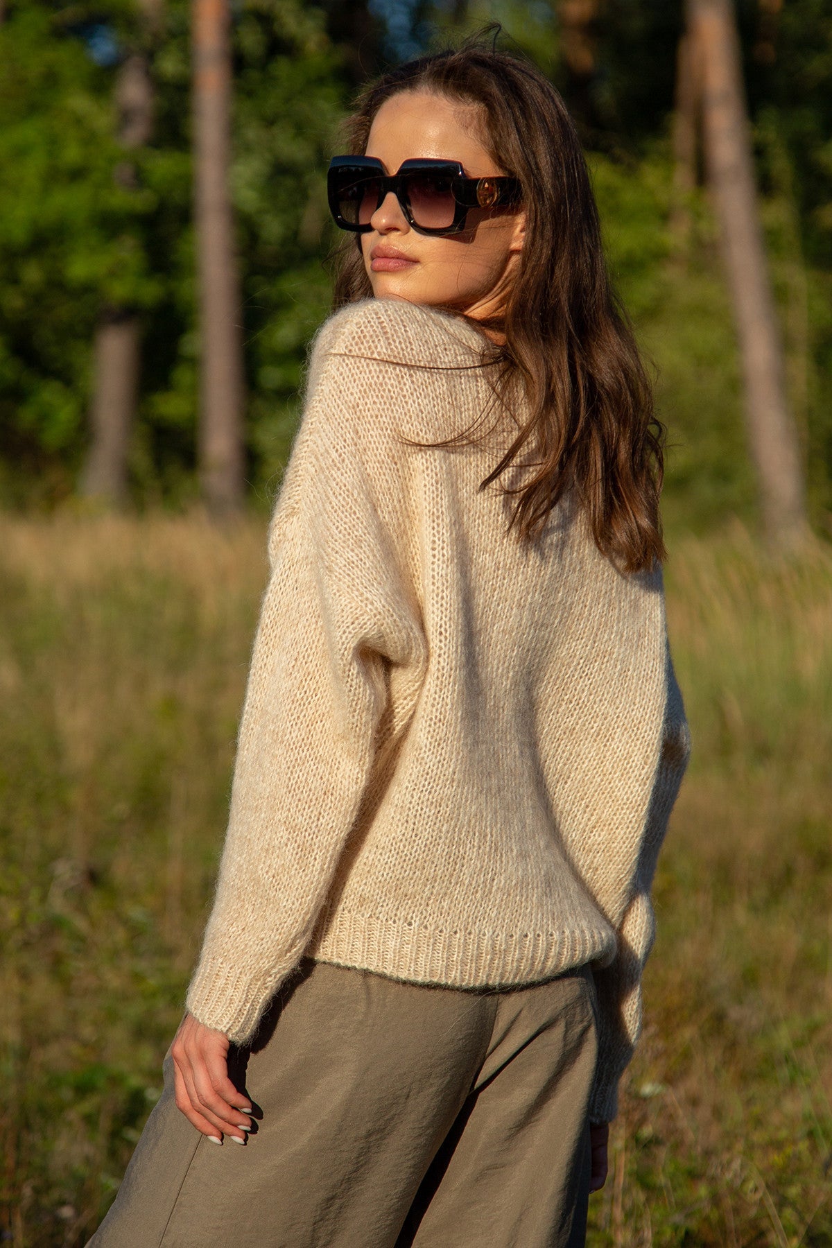 Classic sweater made of undyed alpaca wool and mako cotton soft blend, beige