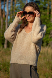 Classic sweater made of undyed alpaca wool and mako pure blend cotton, beige
