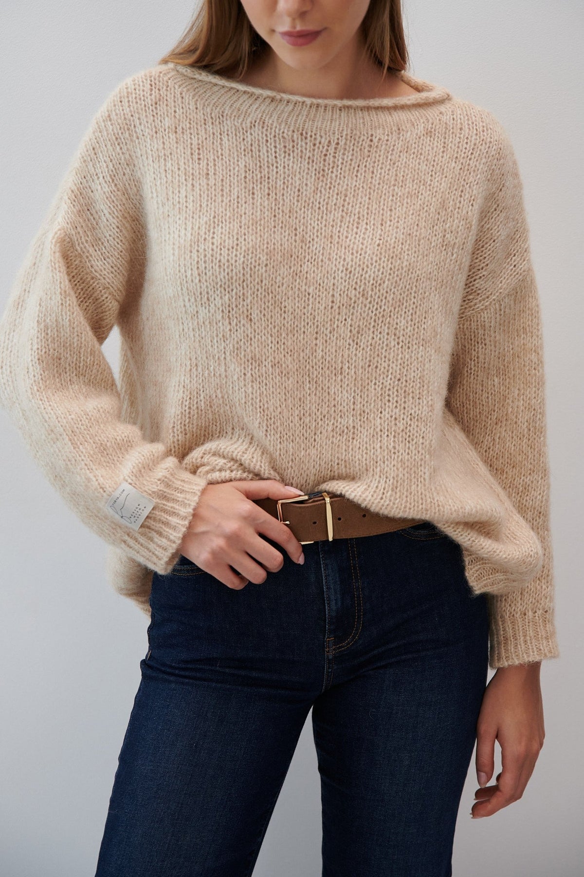 Classic sweater made of undyed alpaca wool and mako cotton soft blend, beige