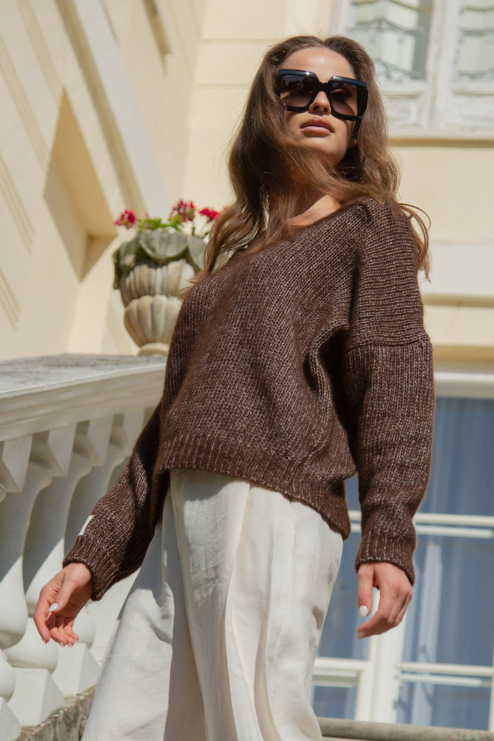 Classic alpaca wool and poppy cotton sweater brown
