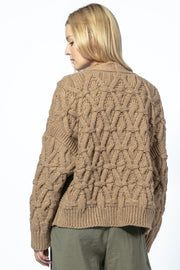Classic buttoned cardigan with a caramel aran weave