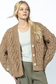 Classic buttoned cardigan with a caramel aran weave