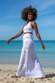 Colorful, cotton openwork set of a top and a long skirt in white