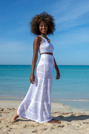 Colorful, cotton openwork set of a top and a long skirt in white
