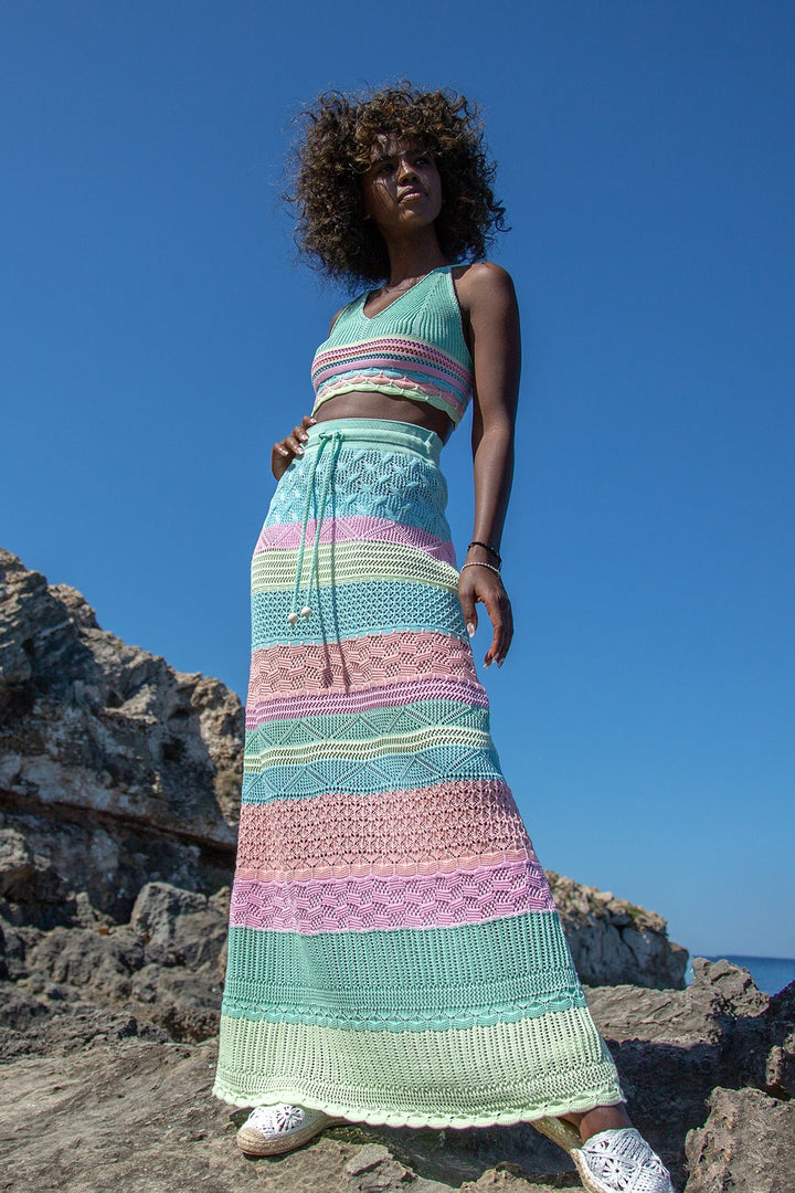Coloured cotton lace top set and long pistachio skirt