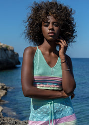 Colorful, cotton openwork set of a top and a long pistachio skirt