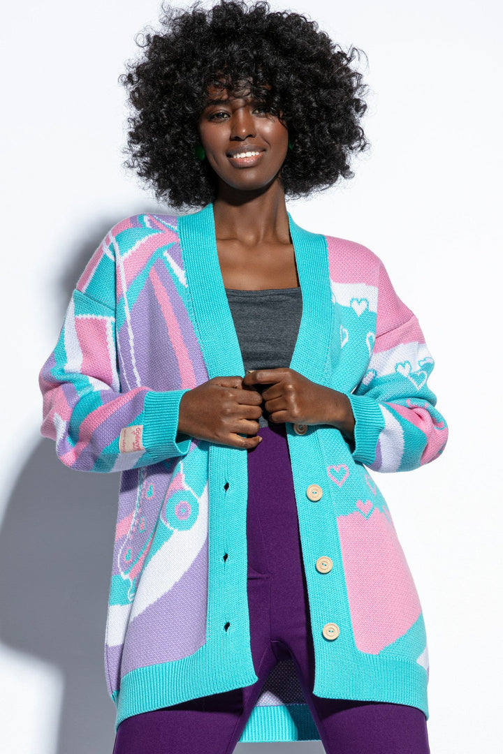 blue cotton roller skate cardigan