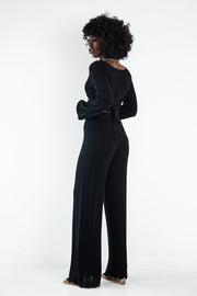 Set of long openwork trousers and a tied blouse, black