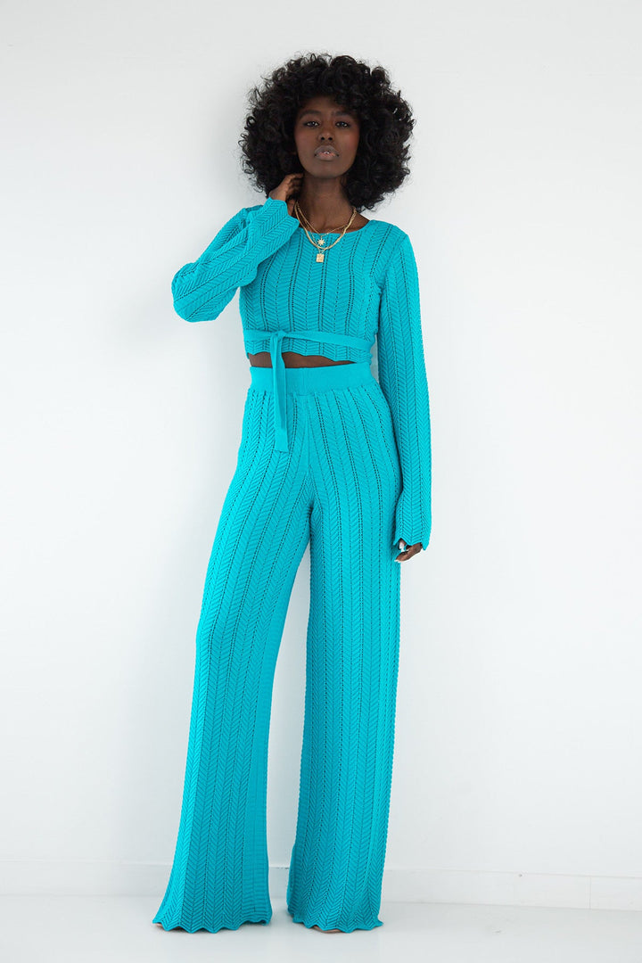 Set of long lace trousers and blue blouse