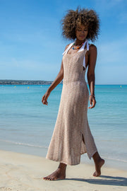 Summer shiny strapless dress in sandstone