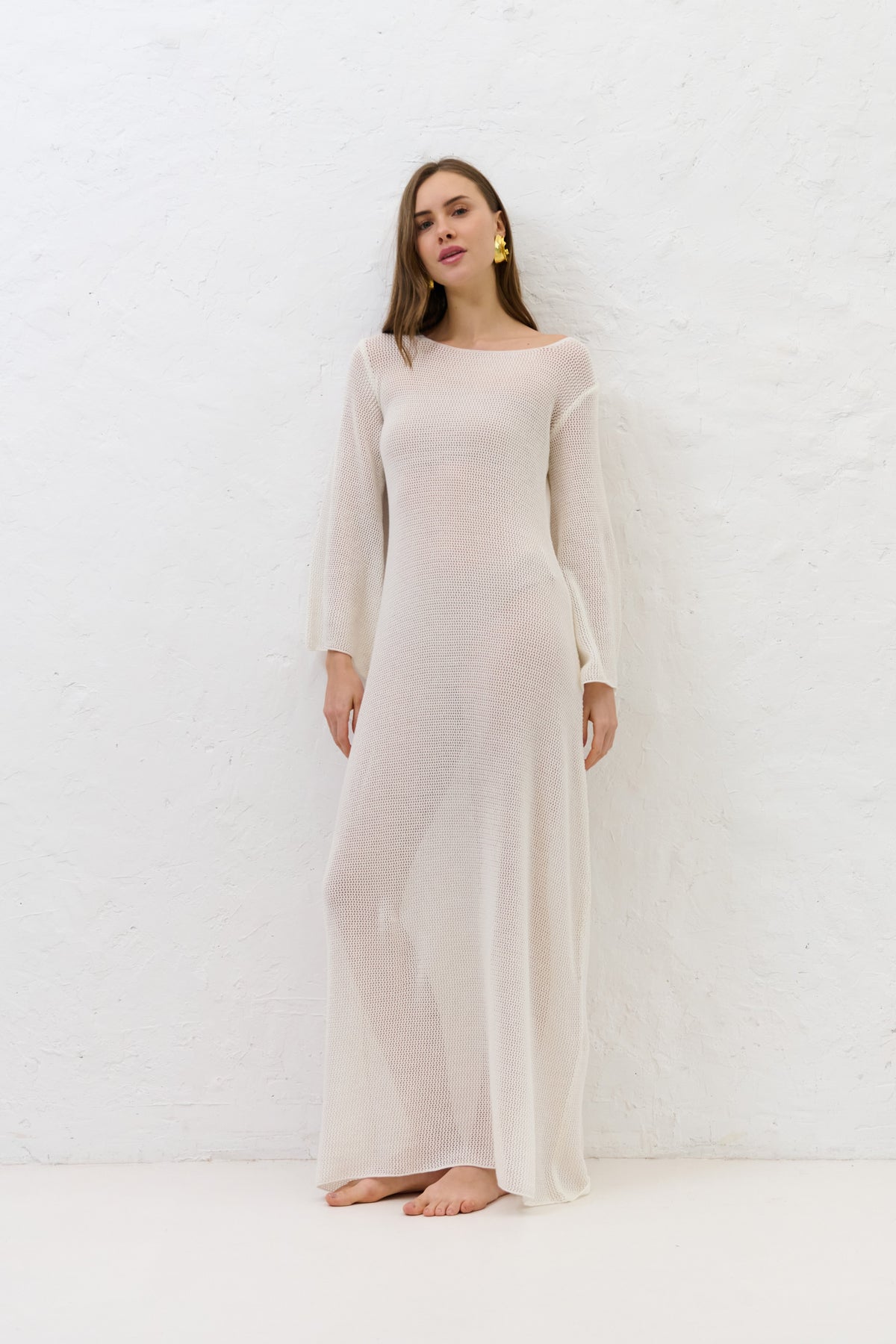 Long summer dress of organic cotton and cashmere Sablé ecru