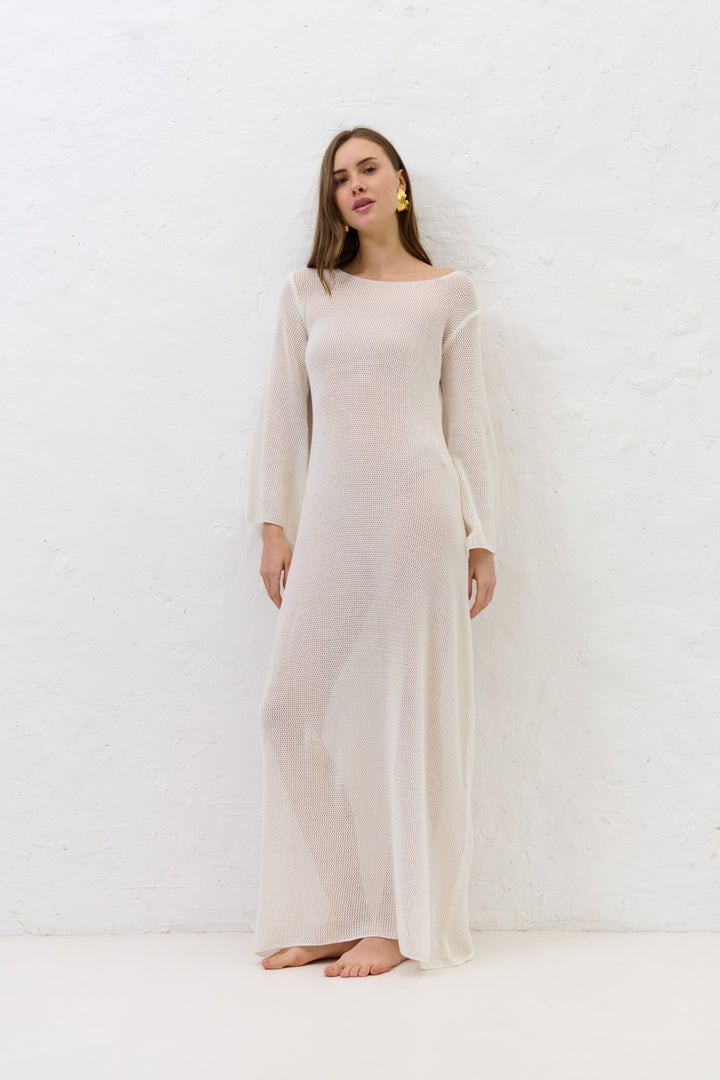 Long summer dress of organic cotton and cashmere Sablé ecru