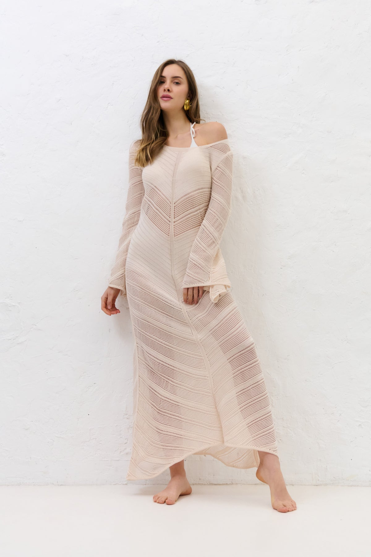 Cotton Mirage long openwork dress beige