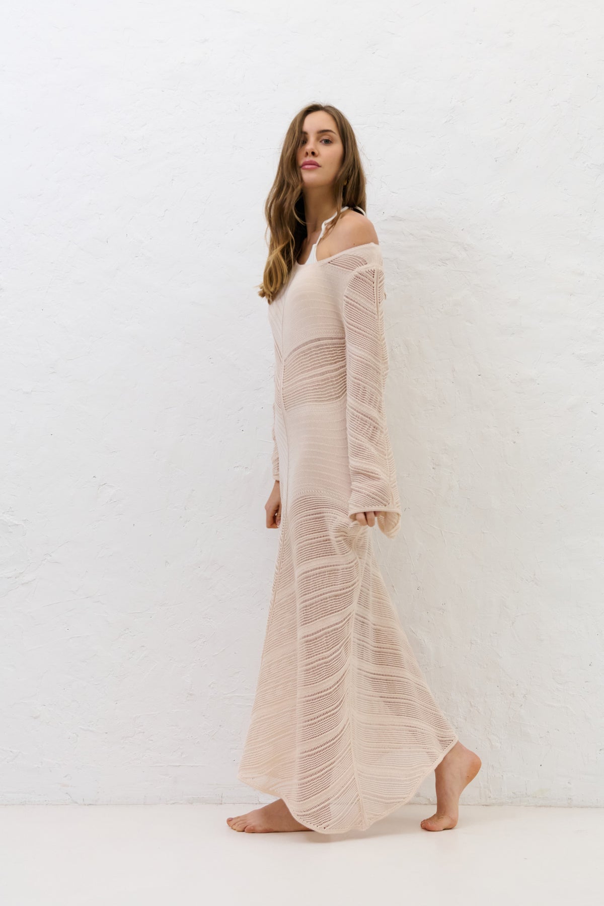 Cotton Mirage long openwork dress beige