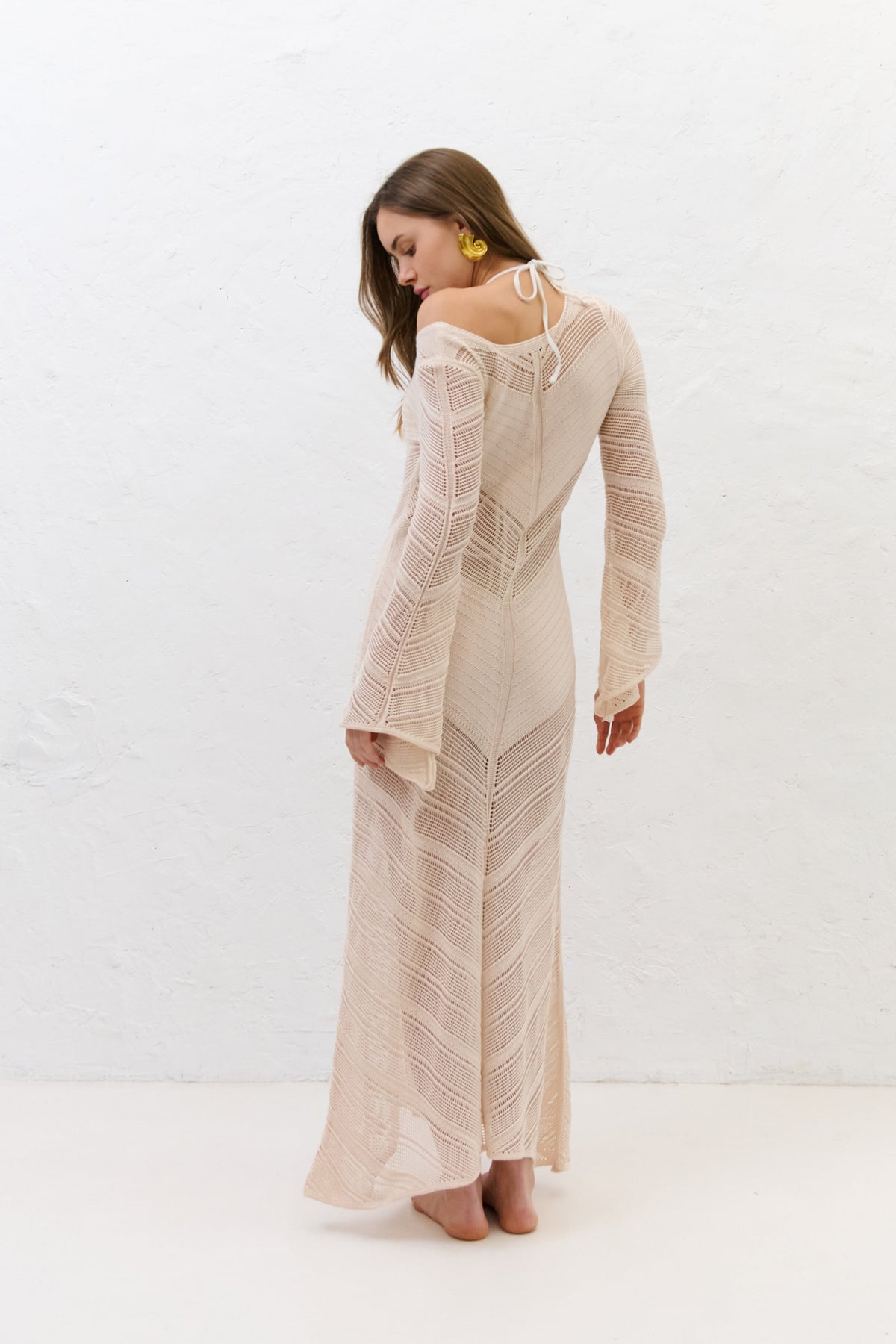 Cotton Mirage long openwork dress beige