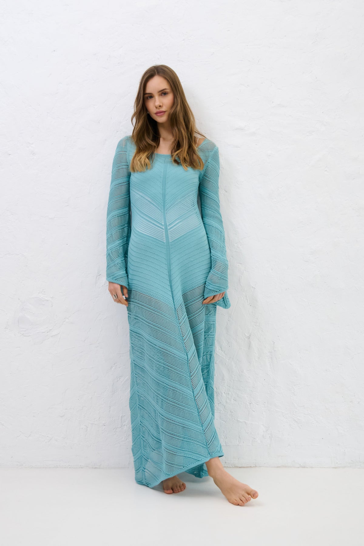 Cotton Mirage long openwork dress blue