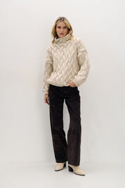 Thick woolen sweater with a cable weave, beige melange, beige melange