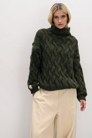 Thick woolen sweater with a cable knit, olive green
