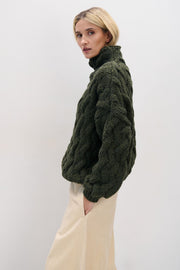 Thick woolen sweater with a cable knit, olive green