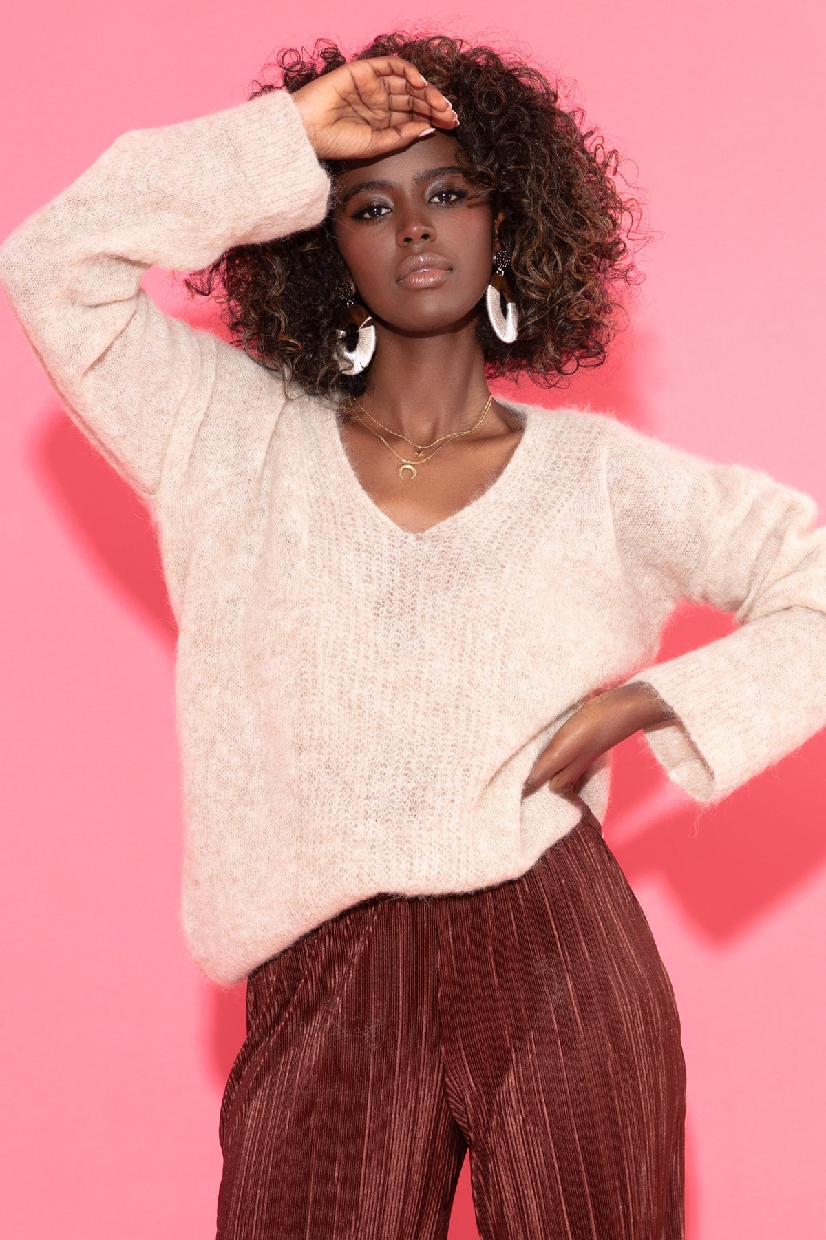 Beige alpaca wool crewneck sweater