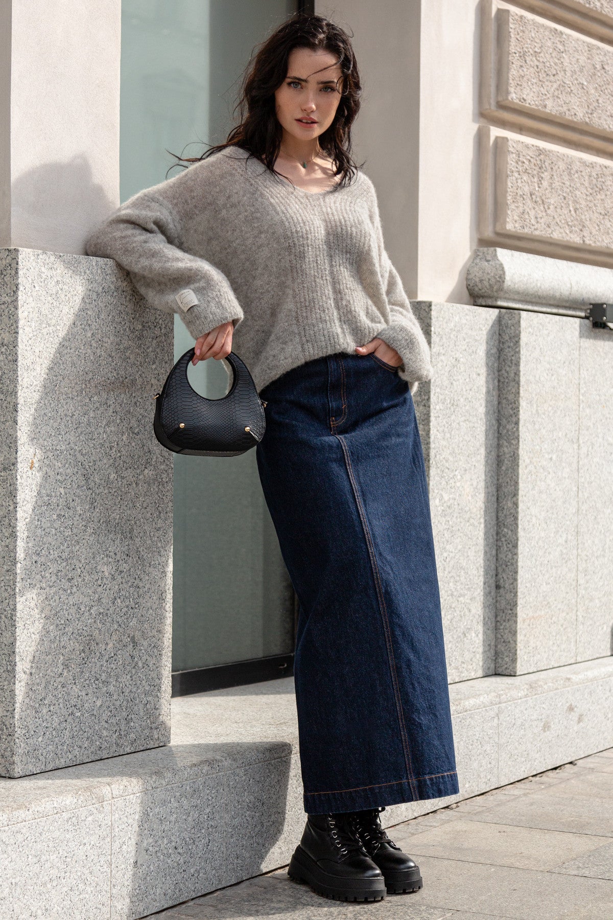 Gray Alpaca Wool Crew Neck Sweater