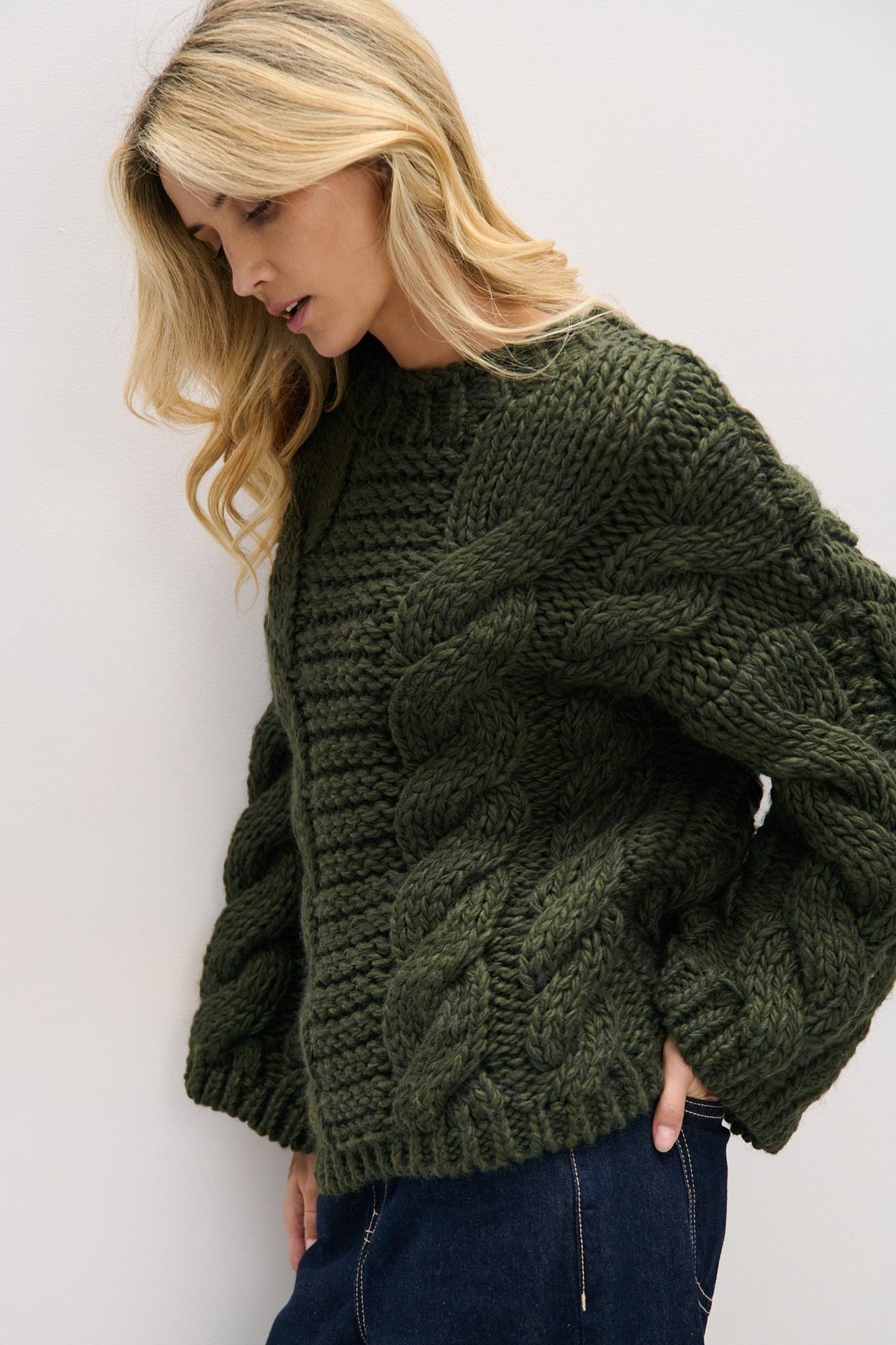 Chunky Knit Sweater with Thick Cables, Olive