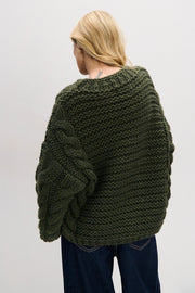 Chunky Knit Sweater with Thick Cables, Olive